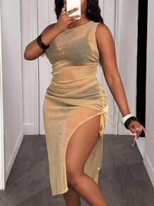 Slaydiva 2025春夏新款女装大型毕业派对/音乐节/约会/派对/CLUB/秋季/返校/开学服/Y2K/上班/办公/郊游服/机场服/街头风/朋克/颓废/都市度假修身卡其色亮丝面料圆领无袖高开叉吊带抽绳透视中长连衣裙-B