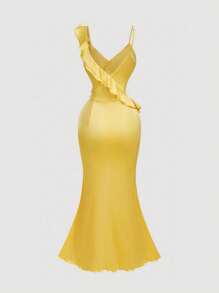 不对称荷叶边开衩连衣裙 - 黃色 - 查看 2