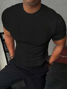 Manfinity Homme 男士夏季休闲纯色罗纹修身短袖T恤，百搭男士黑色T恤黑色男士T恤男士纹理T恤男士休闲上衣男士时尚 - 黑色 - 查看 1