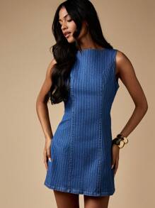 MISSGUIDED 细条纹牛仔迷你连衣裙无袖 A 字夏季春季复古风格直筒连衣裙，后背系带细节休闲日夜装 - 中等水洗藍 - 查看 4