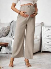 SHEIN Fashionable Loose Maternity Wide Leg Casual Solid Color Pants - Khaki - View 4