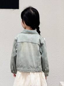 SHEIN Young Girl Long-Sleeved Single Breasted Denim Jacket,Fall Wear Casual And Comfortable To Wear,Winter Jacket - Light Wash - View 2
