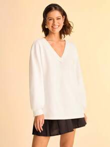 CAJUNI Women's Oversized V-Neck Solid White Sweatshirt,Autumn Casual Long Sleeve Pullover,Back-To-School Boho Western Clothes,School Basic Tops - White - View 5