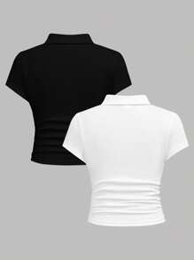 Girlism 2pcs/Set Tween Girl White&Black Versatile,Square V-Neck Short Sleeve T-Shirt, Designer Style, Summer Casual Polo Shirt, Waist-Length, Fitted Cut,Clean Girl Girls Shirt Pack Pack Of Tops Black And White Tops For Teen Girls Bow Shirts Shirts For Tween Girls Black And White