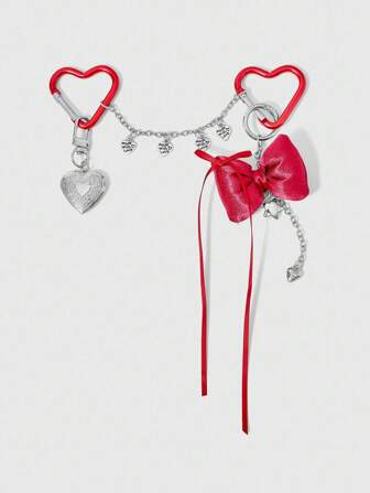 Kawaii Colgante de llavero con lazo de cinta en forma de corazón rojo, con hebilla en forma de corazón y decoración de lazo 3D - Adorno con dije de metal en forma de corazón