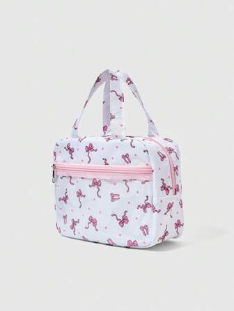 Kawaii Bolso de mano de mujer elegante y portátil con estampado de lazos y lunares por todas partes