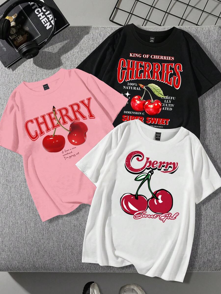 SHEIN EZwear Plus Size 3pcs/Set Cherry Pattern Graphic Tees In Black, White, Pink For Summer  Multiple Pieces Suitable For Going Out - Multicolor - View 1