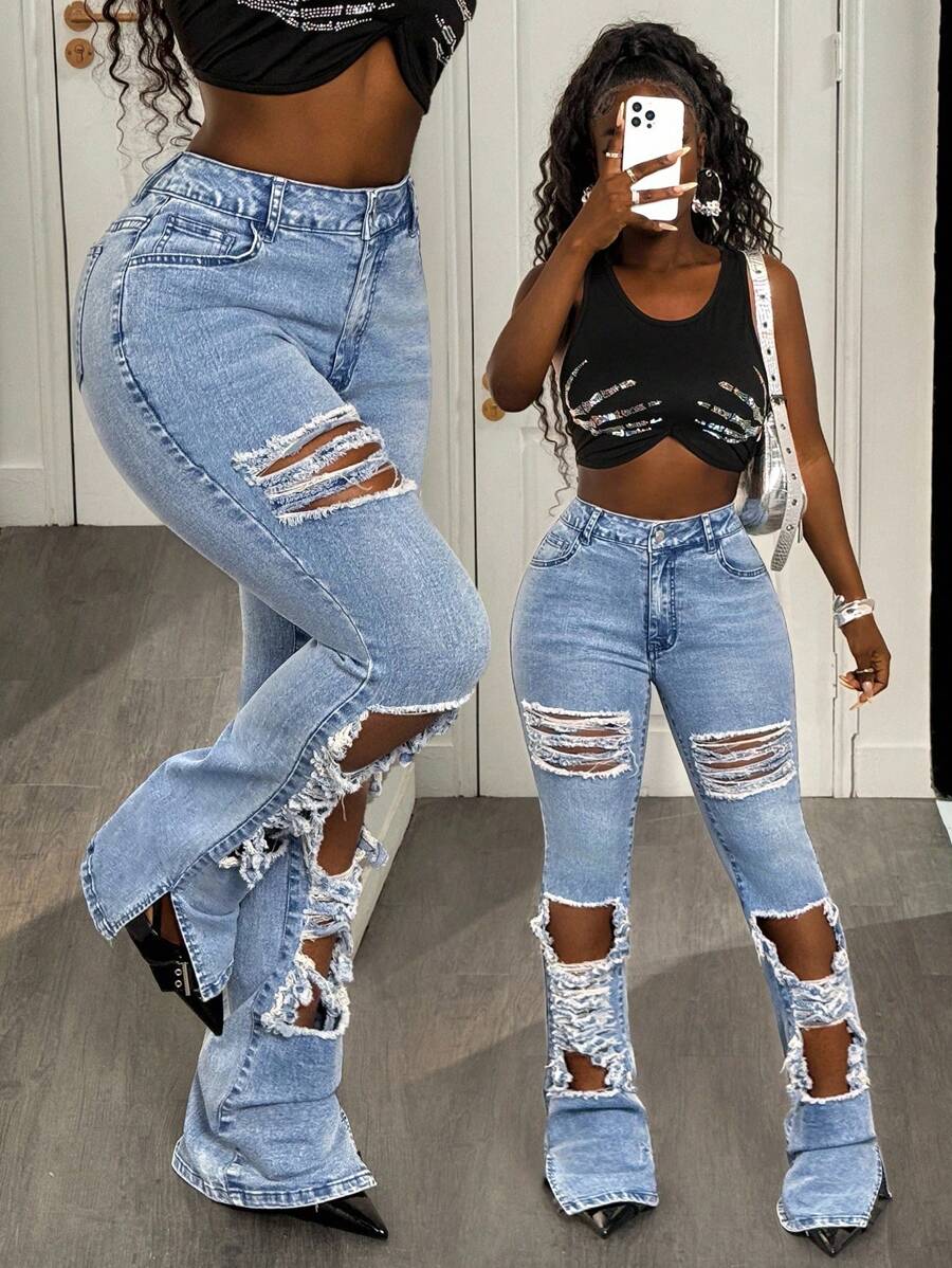 BamGleam Jeans ajustados y rasgados sexy para mujer para salir y fiestas - Azul - Ver 1