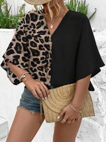 Breezaya Plus Size Women's Elegant Leopard Patchwork Color Blocking Button Decor V-Neck Batwing Sleeve Casual Chic Blouse - Multicolor - View 6