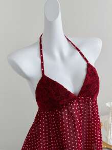 Elamini 浪漫度假蕾丝拼接波点细肩带 - 酒紅色 - 查看 4