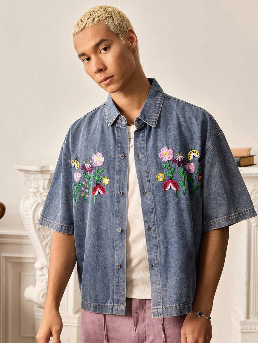 SWAVVY Men's Casual Denim Shirt With Embroidery And Button Closure - Blue - View 1