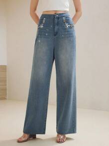 MOTF PREMIUM 女士蓝色水洗水钻度假牛仔裤 - 藍色 - 查看 2