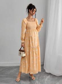 SHEIN 休闲长袖孕妇雏菊印花A字连衣裙 - 黃色 - 查看 1