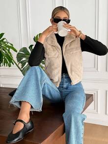 Serisse 女式纯色前拉链休闲背心，配人造毛皮 - 杏色 - 查看 5