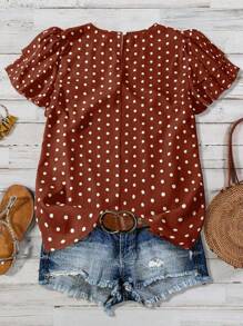 EMERY ROSE Plus Size Women's Polka Dot Ruched Double Layer Sleeve Casual Everyday Blouse - Brown - View 2