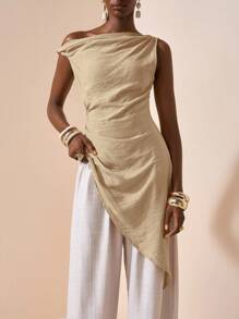 Zivah 2025 Summer New Style Birthday Party Back To School Student Wear Daily Street Basic Versatile Leisure Vacation Cruise Travel Beach Seaside Sunbathing Popular Online Style Elegant Commuting Business Casual Off-Shoulder Twist Waist Pleats Zipper Asymmetrical Hem Slit Khaki Summer Tops Women's Shirt One Shoulder Top Asymmetrical Blouse Asymmetrical Top One Sleeve Top - Khaki - View 2