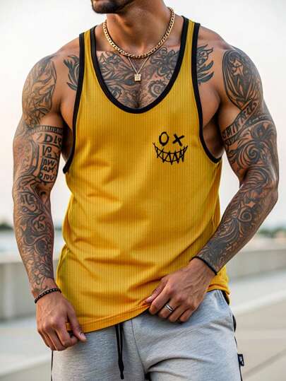 Manfinity LEGND Men's Summer Casual Cartoon Graphic Tipping Tank Top Men Yellow Tank Top Men Yellow Tank Top Men Ribbed Tank Top Yellow Gym Tank Top Men Men Summer Tank Top