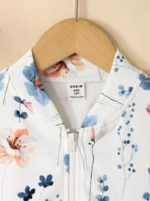 SHEIN Tween 女童休闲花卉印花针织拉链棒球夹克，秋冬时尚外套