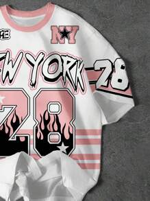 SHEIN 少女休闲运动风T恤，23码，经典城市名称文字印花，条纹点缀，酷炫标语印花宽松落肩短袖T恤，适合秋冬季穿着 - 白色 - 查看 4