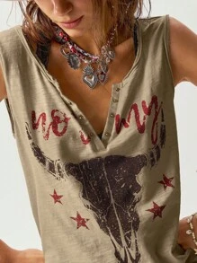 Bohemela Plus Size Women's Summertime Letter & Star Print Button Front Casual Tank Top - Khaki - View 1