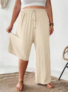 SHEIN CURVE+ 女士加大码新款商务休闲夏季沙滩裤，时尚通勤优雅紫色莲藕粉色阔腿裤带口袋，海滩度假装束加大码曲线裤曲线夏季裤加大码波西米亚风裤曲线阔腿裤加大码沙滩裤 - 杏色 - 查看 5