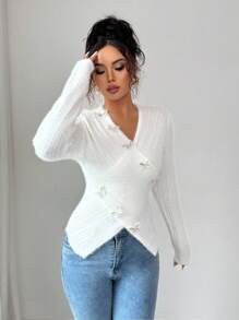 SHEIN ChicEase 时尚不对称V领手工串珠蝴蝶长袖毛衣针织套头衫秋冬 - 白色 - 查看 5