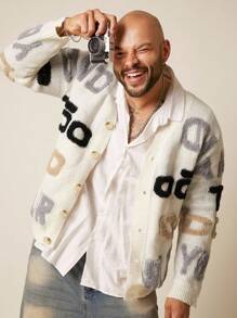 EASEVO Plus Size Men's Casual Letter Knitted Cardigan, Suitable For Autumn/Winter