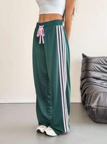 INAWLY Quần dài thể thao ống rộng cạp rút họa tiết sọc tương phản cho nữ - Màu xanh lá cây đậm - Xem 2