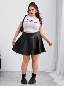 SHEIN CURVE+ Curves 大码/学校服装/返校服装/返校大码女式 PU 皮革黑色迷你短裙短裤，内置短裤和口袋，女式黑色短裙，大码短裙，仿皮短裙，短裤运动短裙，女士假日服装，女士秋季服装，冬季，CURVE PLUS - 黑色 - 查看 6