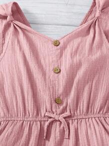 SHEIN Tween Girls Twist Vest-Style Casual Jumpsuit With Front Buttons Decorated In Woven Texture Material, Suitable For Spring Outings, Pastoral Style, Garden Afternoon Tea, Casual Outings - Baby Pink - View 6