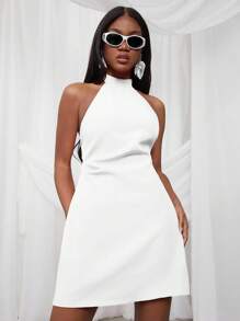 NYA SZN Spring Mock Neck Halter Fitted Festival Summer Mini Dress Gyaru Vacation Graduation Old Money Wedding Guest Special Occasion For Bridal Dinner Prom - White - View 6