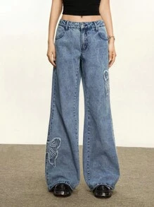 Rina Fox Låg midja, löst utsvängda stretchjeans för kvinnor - Ljustvätt - Visa 6