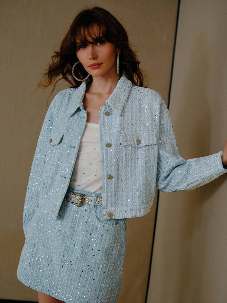 CONTRAST SEQUIN SLANT POCKET DENIM SKIRT