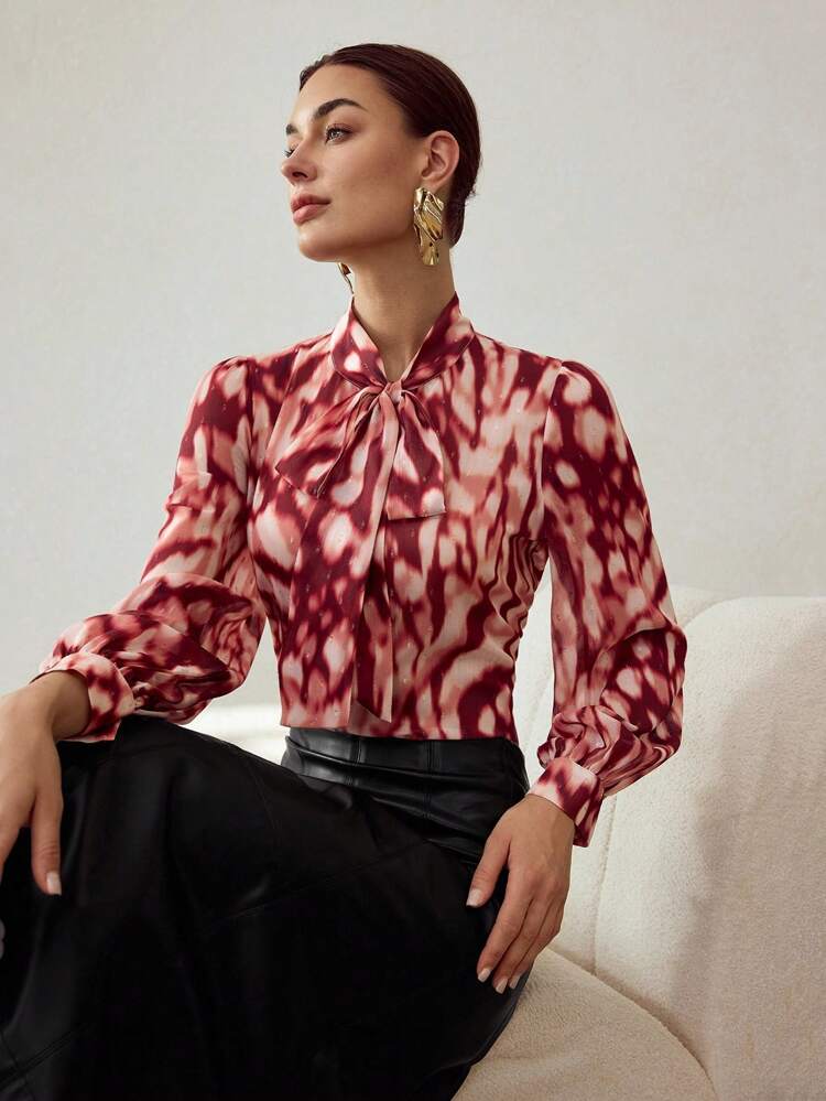ALL OVER PRINT TIE NECK BLOUSE