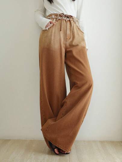 SHEIN EZwear 女式秋季棕色渐变复古水洗牛仔裤，校服，韩版衬衫正装裤，女教师服装，女教师服装，女式万圣节服装，女式秋季服装，商务休闲女装