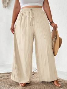 SHEIN CURVE+ 女士加大码新款商务休闲夏季沙滩裤，时尚通勤优雅紫色莲藕粉色阔腿裤带口袋，海滩度假装束加大码曲线裤曲线夏季裤加大码波西米亚风裤曲线阔腿裤加大码沙滩裤 - 杏色 - 查看 7