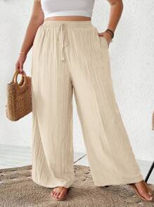 SHEIN CURVE+ 女士加大码新款商务休闲夏季沙滩裤，时尚通勤优雅紫色莲藕粉色阔腿裤带口袋，海滩度假装束加大码曲线裤曲线夏季裤加大码波西米亚风裤曲线阔腿裤加大码沙滩裤 - 杏色 - 查看 9