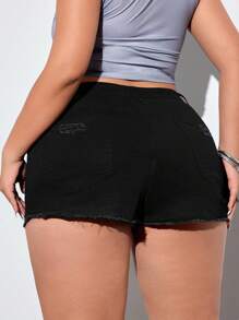 SHEIN ICON Pantaloni scurți skinny din denim rupt și casual pentru femei, mărime plus - Negru - Vizualizare 2