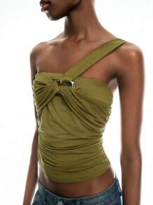 LYSMO Áo crop top nhún bèo màu trơn thời trang mùa hè dành cho nữ - Màu xanh Ô liu - Xem 6