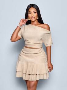 SOLERSUN Plus Size Summer Elegant Party Daytime Apricot Knitted Asymmetrical Neck Gathered Top And Ruffle Hem Skirt Two Pieces Set