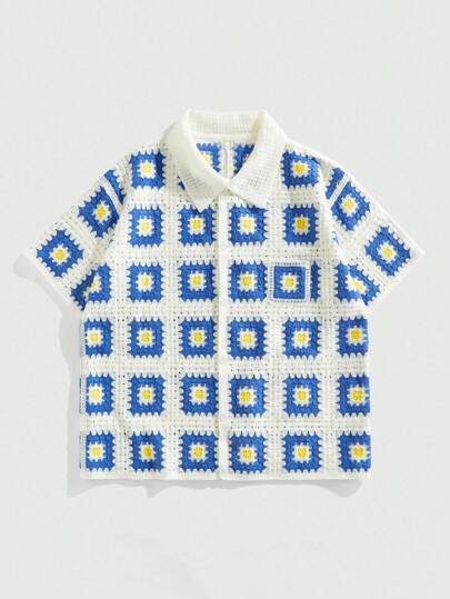 Street Life Men's Floral Pattern Short Sleeve Single-Breasted Hollow-Out Knit Top