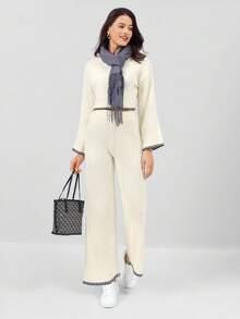 Miaspire 2pcs Women Casual Sweater Set With Contrast Trim Round Neck Long Sleeve Top And Pants - Apricot - View 8