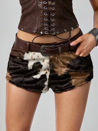 Hippie Women's Western Girl Y2K Faux Leather & Plush Patchwork Sexy Shorts