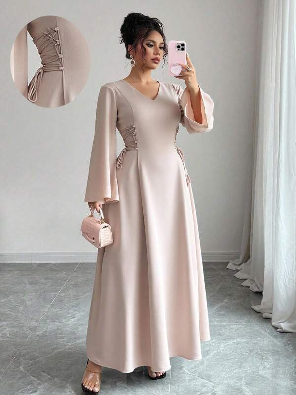 Modelyn Vestido elegante plus size feminino, cor sólida, decote em V, manga comprida, com amarração na cintura, moda casual, elegante, sexy, outono, casual, feminino, Natal, volta ao trabalho, volta às aulas, festa à noite, feminino, o tecido é macio, confortável e altamente elástico, design especial, material diferente, alça de emenda, vestido feminino, vestido roxo claro damasco claro, roupas femininas casuais de verão