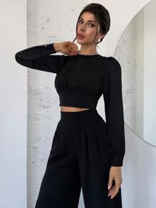 Firerie 女士优雅简约时尚性感浪漫通勤音乐节派对情人节约会露背长袖黑色上衣，秋季女装 - 黑色 - 查看 4