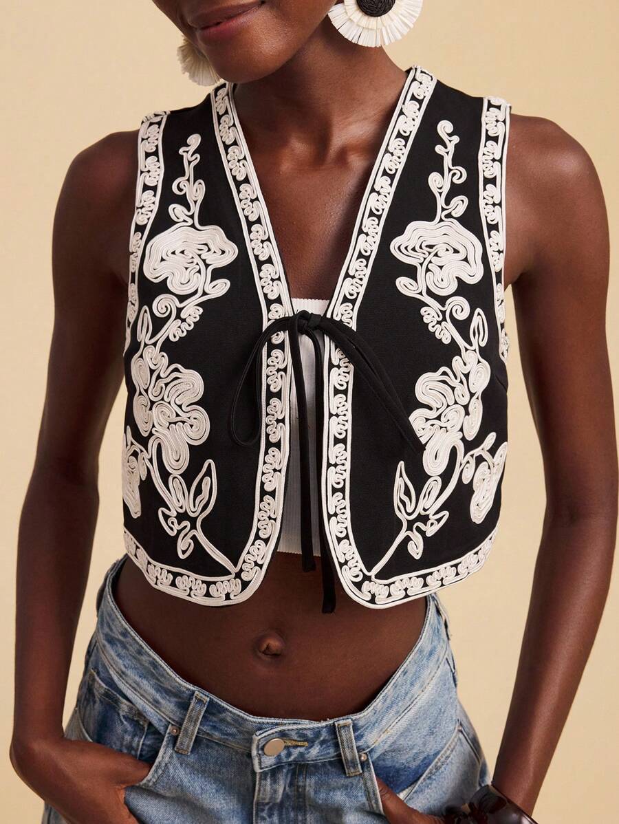 Travachic 女式梭织无袖修身花卉印花背心夹克，非常适合度假、秋季女士、秋季、复活节、假日、女士海滩、女士度假、音乐会女士、波西米亚风、波西米亚风、音乐节、热带度假女士、浪漫、秋季、冬季、圣诞节、女士外出上衣、外出上衣、休闲、可爱 - 黑色 - 查看 1