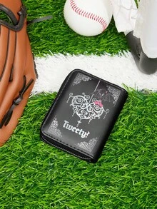 LOONEY TUNES X SHEIN Portofel scurt negru la modă cu model de litere și desene animate