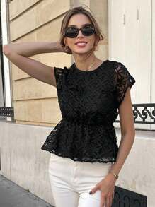 Chiquease 女式圆领时尚休闲刺绣落肩收腰衬衫 - 黑色 - 查看 3