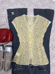 女式夏季度假风格碎花V领撞色蕾丝蝙蝠袖紧身胸衣T恤 - 芥末黃 - 查看 2