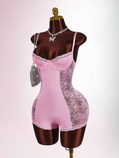 Amplova Mono ceñido sexy de mujer con contraste de encaje y cintura fruncida